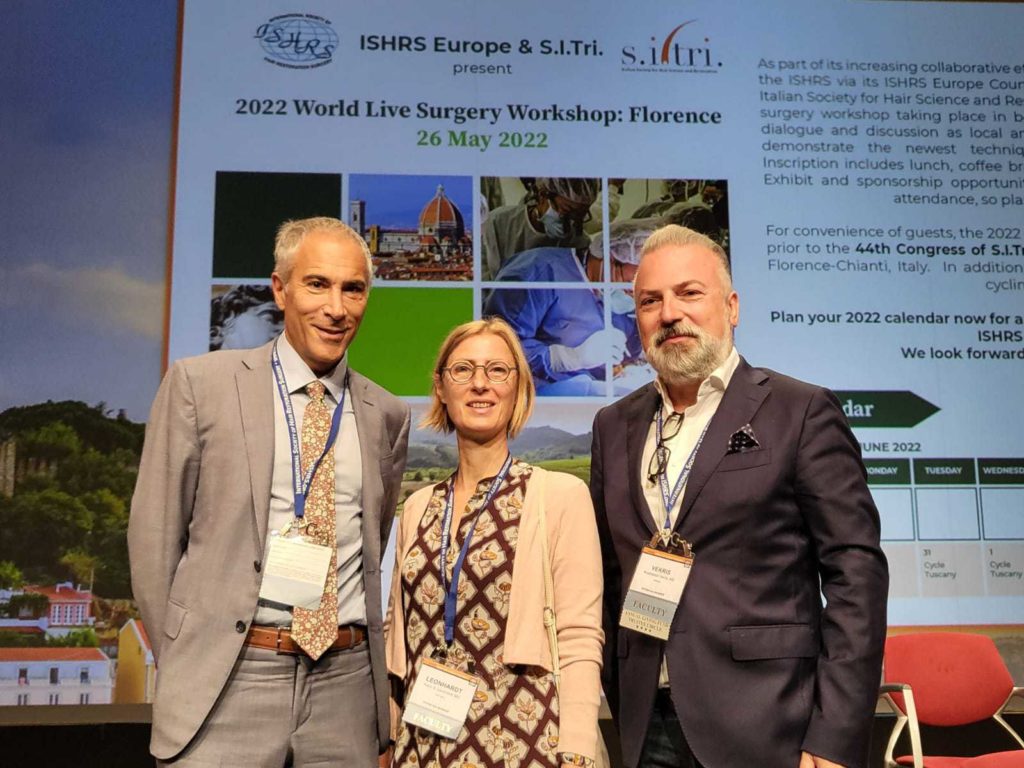 Dr. Epstein pictured with Drs. Karin Leonhardt of Germany and Dr. Anastasios Vekris of Greece, who along with three other doctors including Gorana Kuka Epstein of Belgrade, Dr. Marcio Crisostomo of Brazil, and Dr. Pradeep Sethi of India, presented the workshop on eyebrow and beard restoration at the ISHRS International meeting held in Lisbon, October 2021.